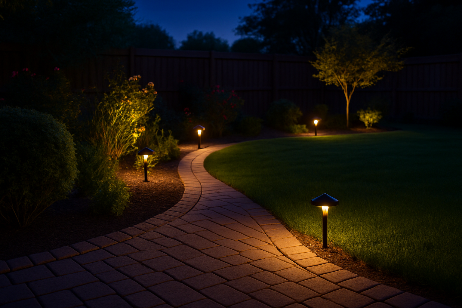 Backyard walkway lit by landscape lighting after sunset.