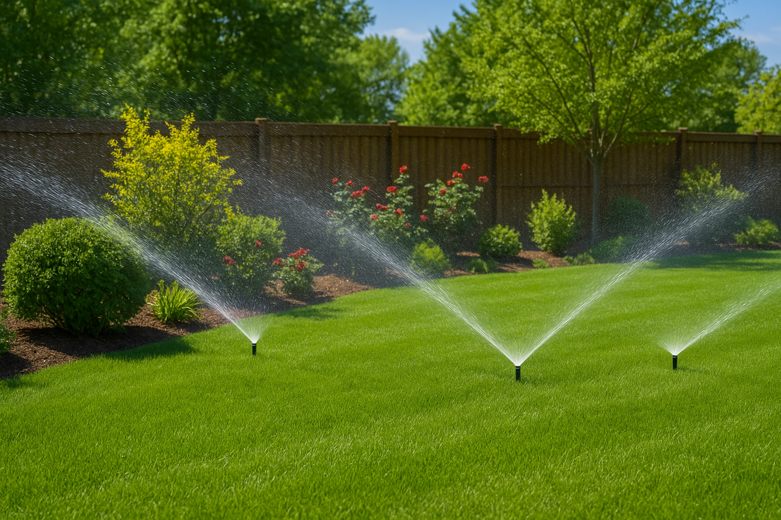 Sprinkler system watering a vibrant lawn and garden during the daytime.