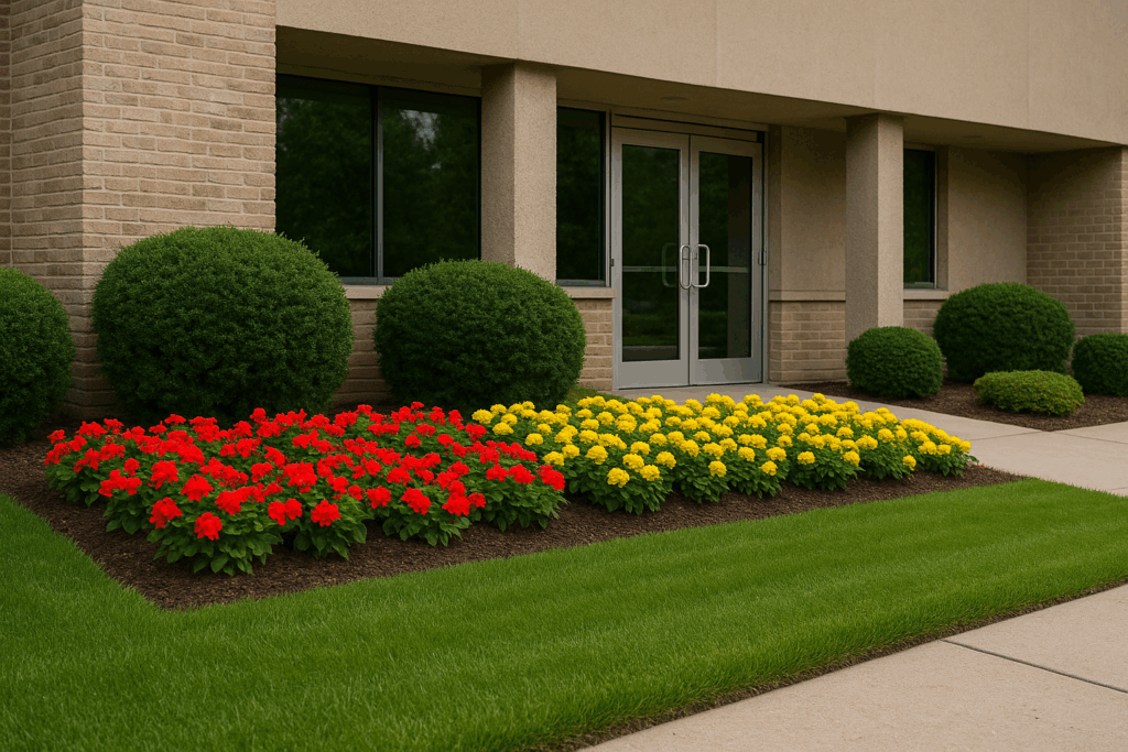 Clean commercial landscaping in Atascosa, TX, showing trimmed grass and bright flower beds.