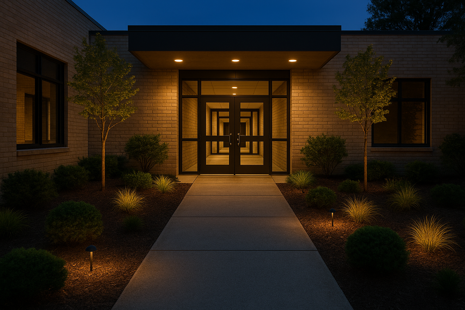 Landscape lighting around a business entrance in Atascosa, TX.